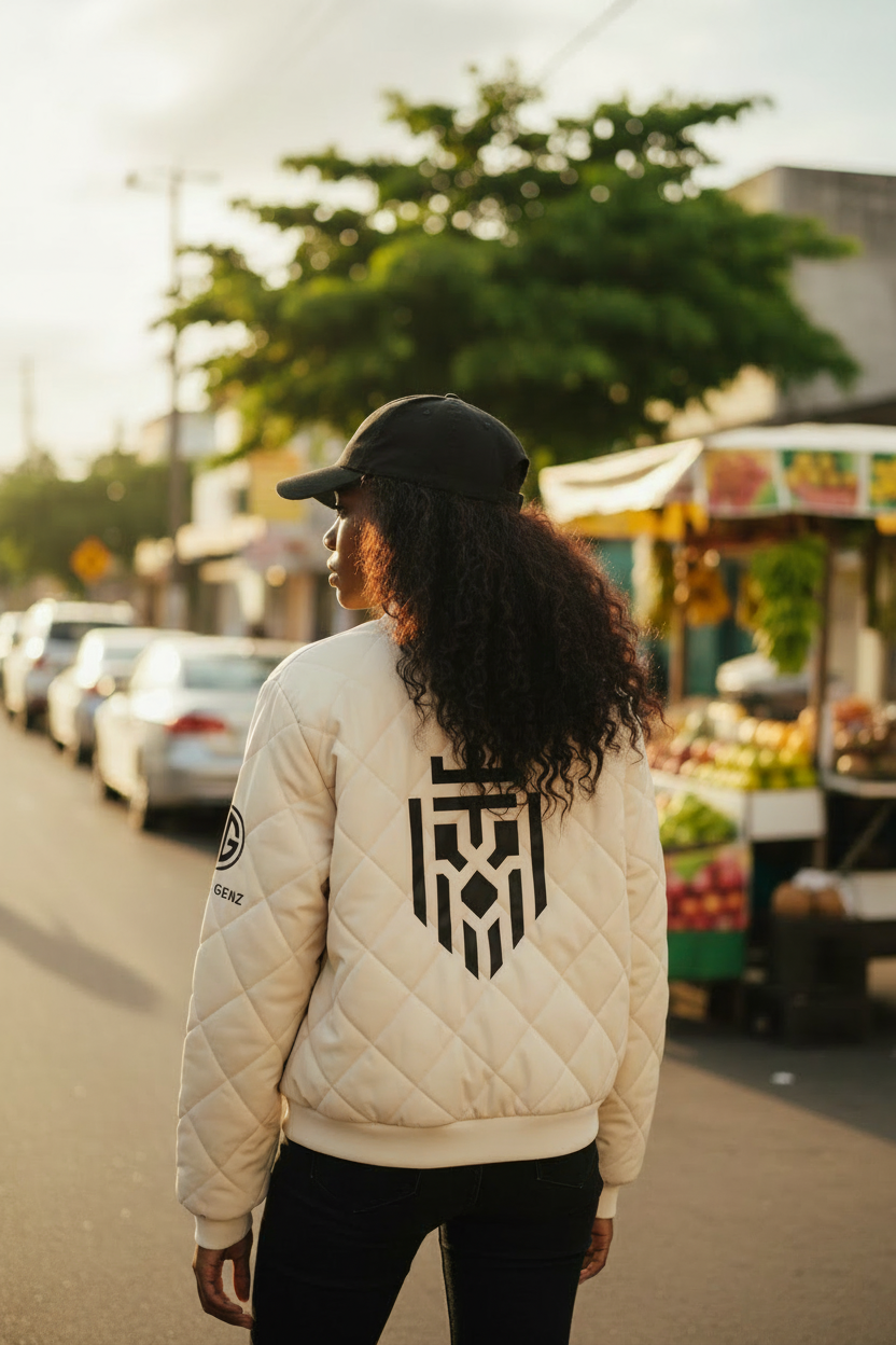 Lifestyle shot of cream bomber jacket with back logo